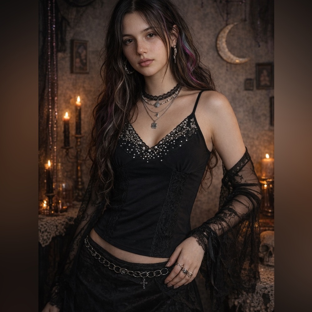 Y2K Black Lace Rhinestone Cami Goth Fairy Grunge Coquette Top Whimsigoth McBling